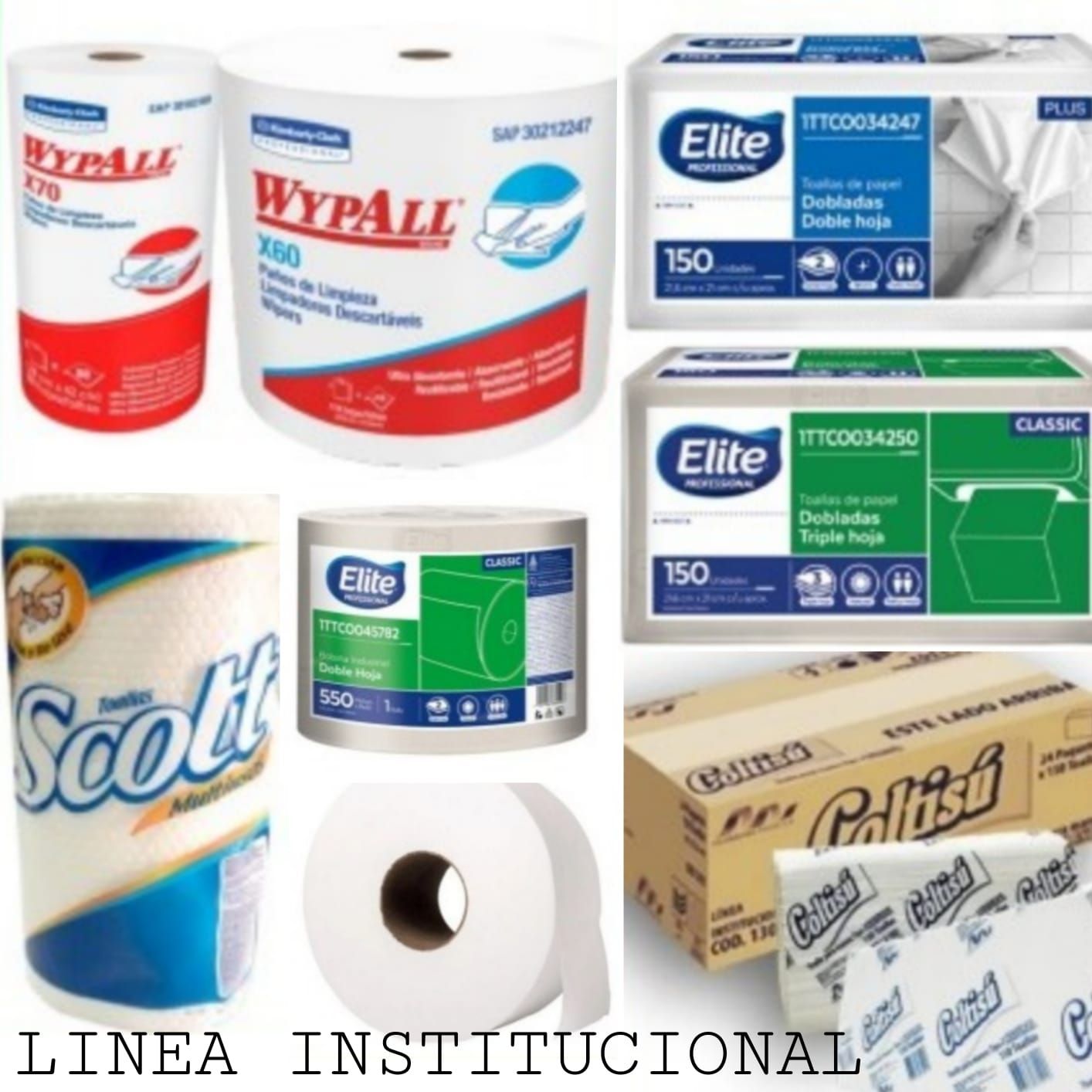 Varios rollos de papel higiénico, incluidos Wypall y Scott.