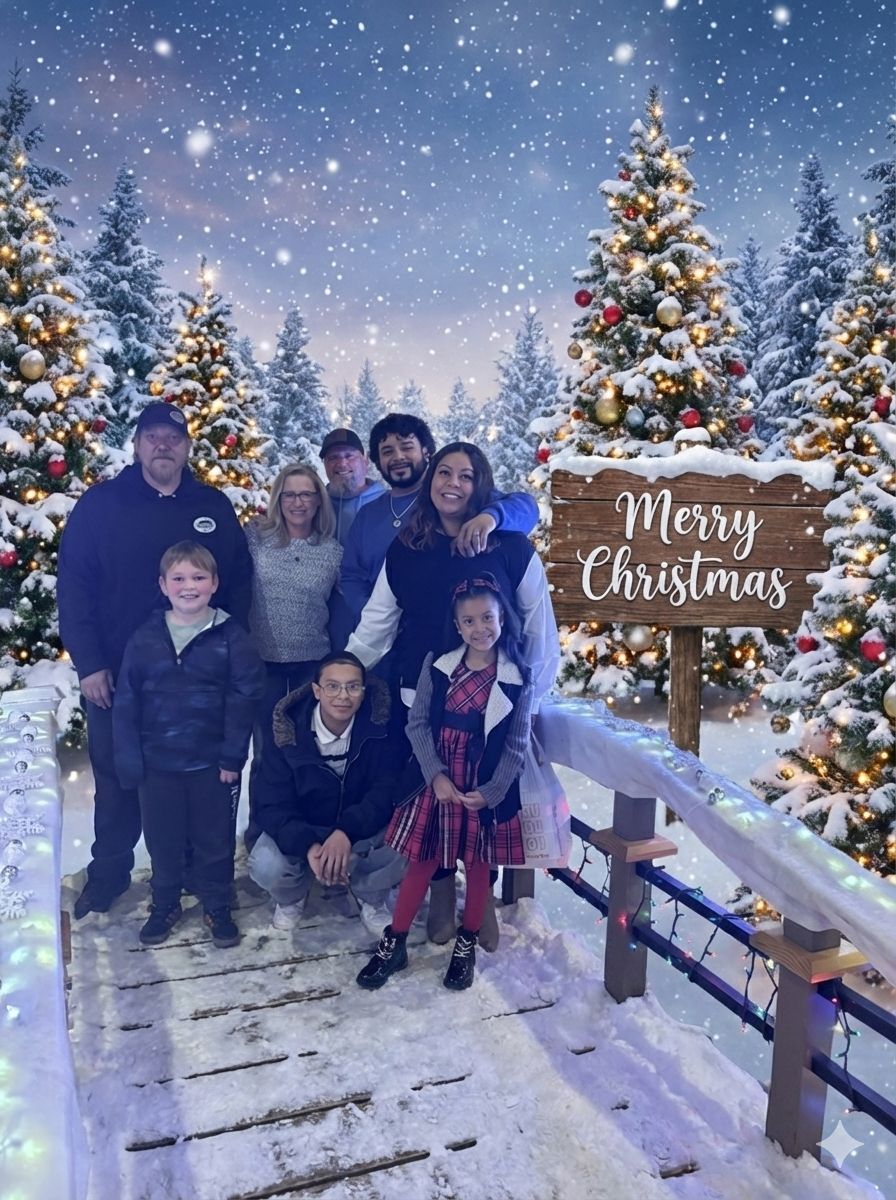 Family posing on a snow-covered bridge in front of lit Christmas trees, under a starry sky. 