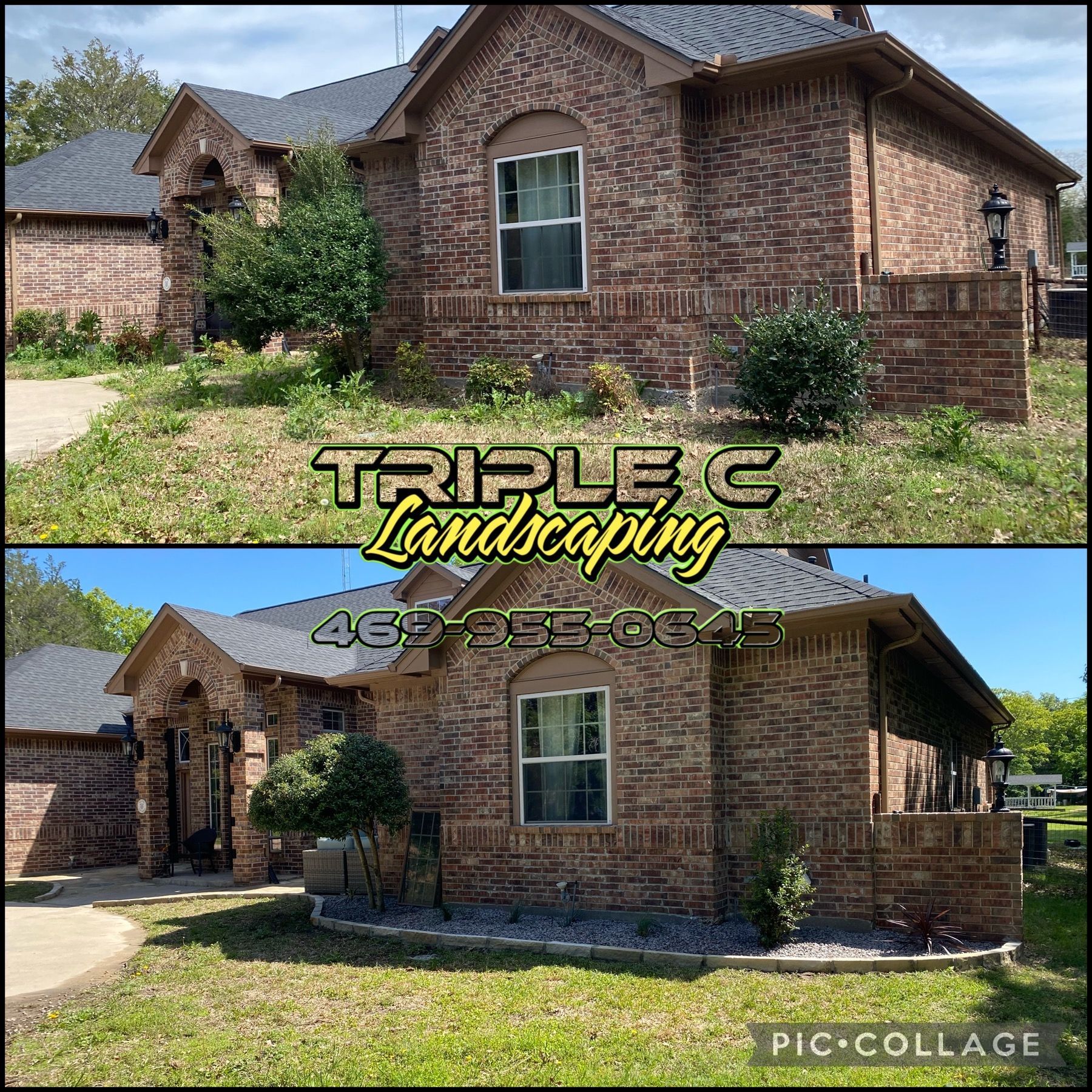A before and after picture of a brick house with a lush green lawn.