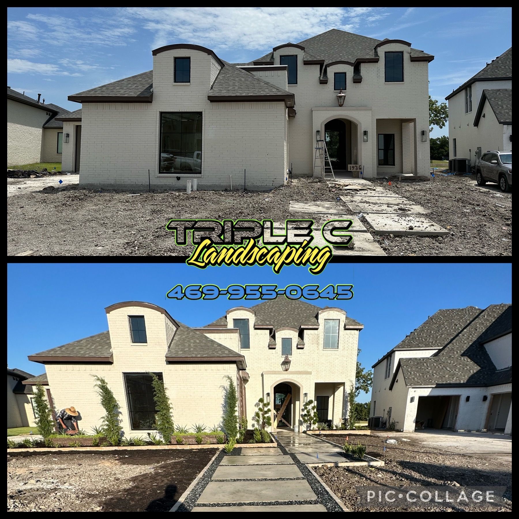 A picture of a house before and after landscaping