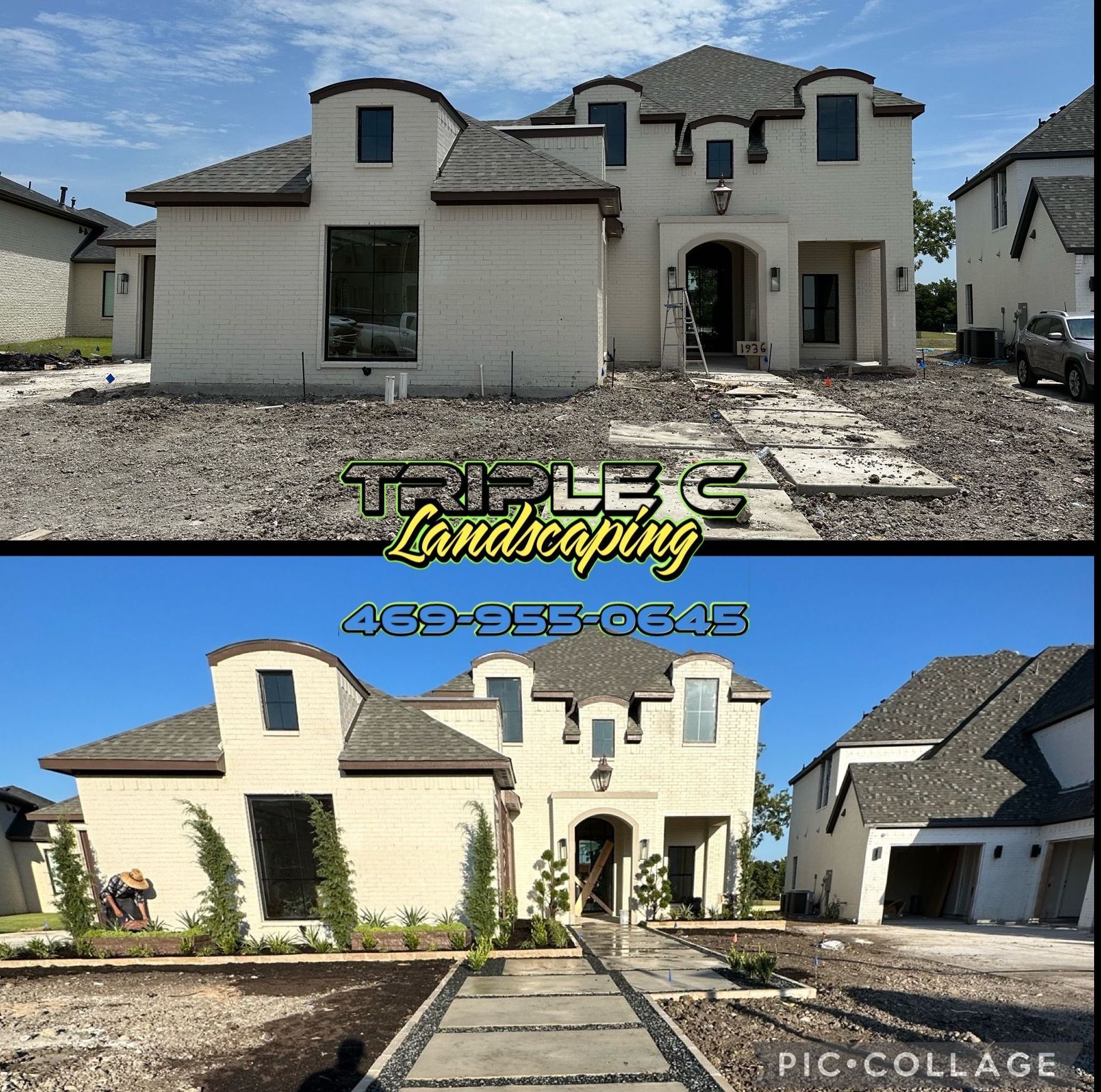 A picture of a house before and after landscaping