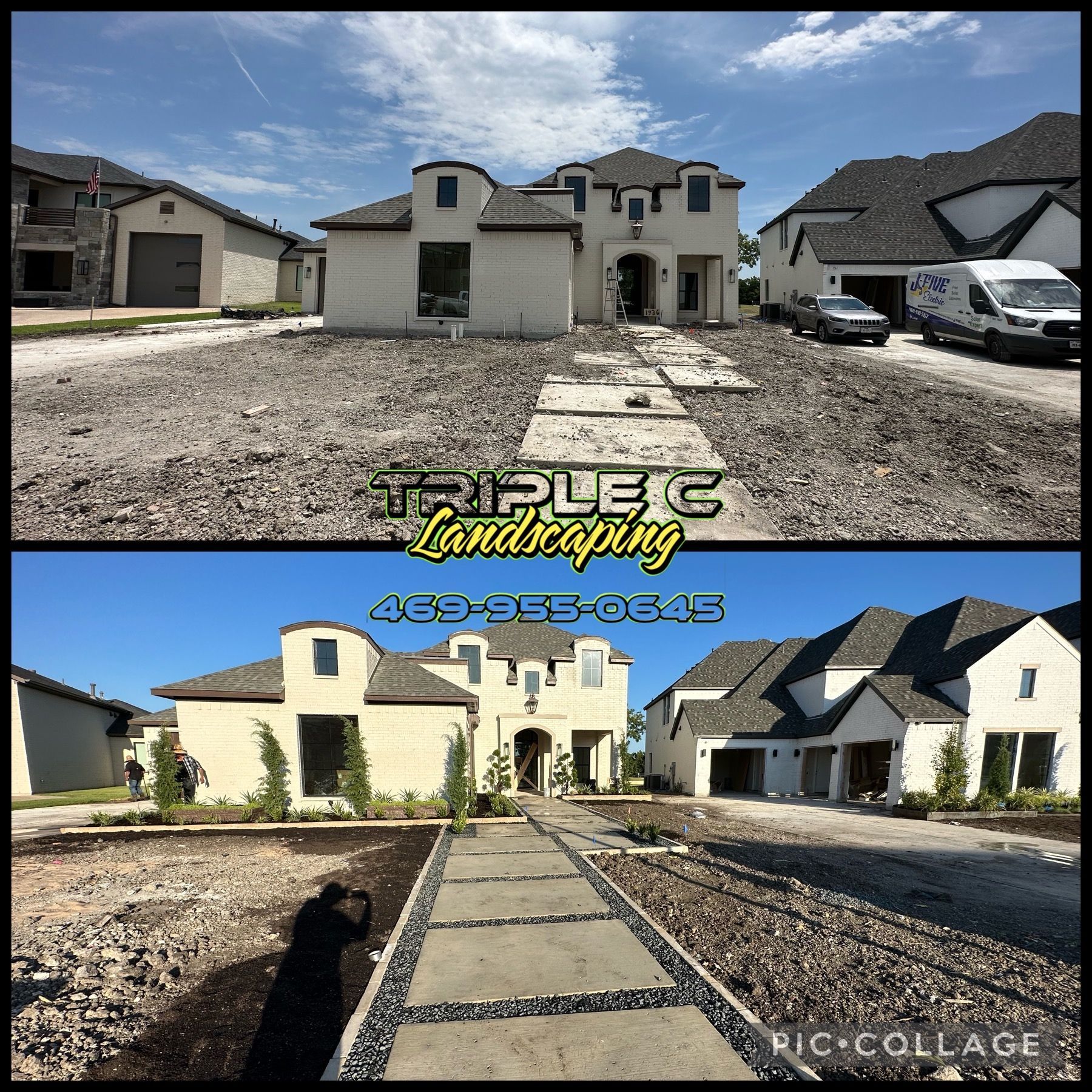 A picture of a house before and after landscaping