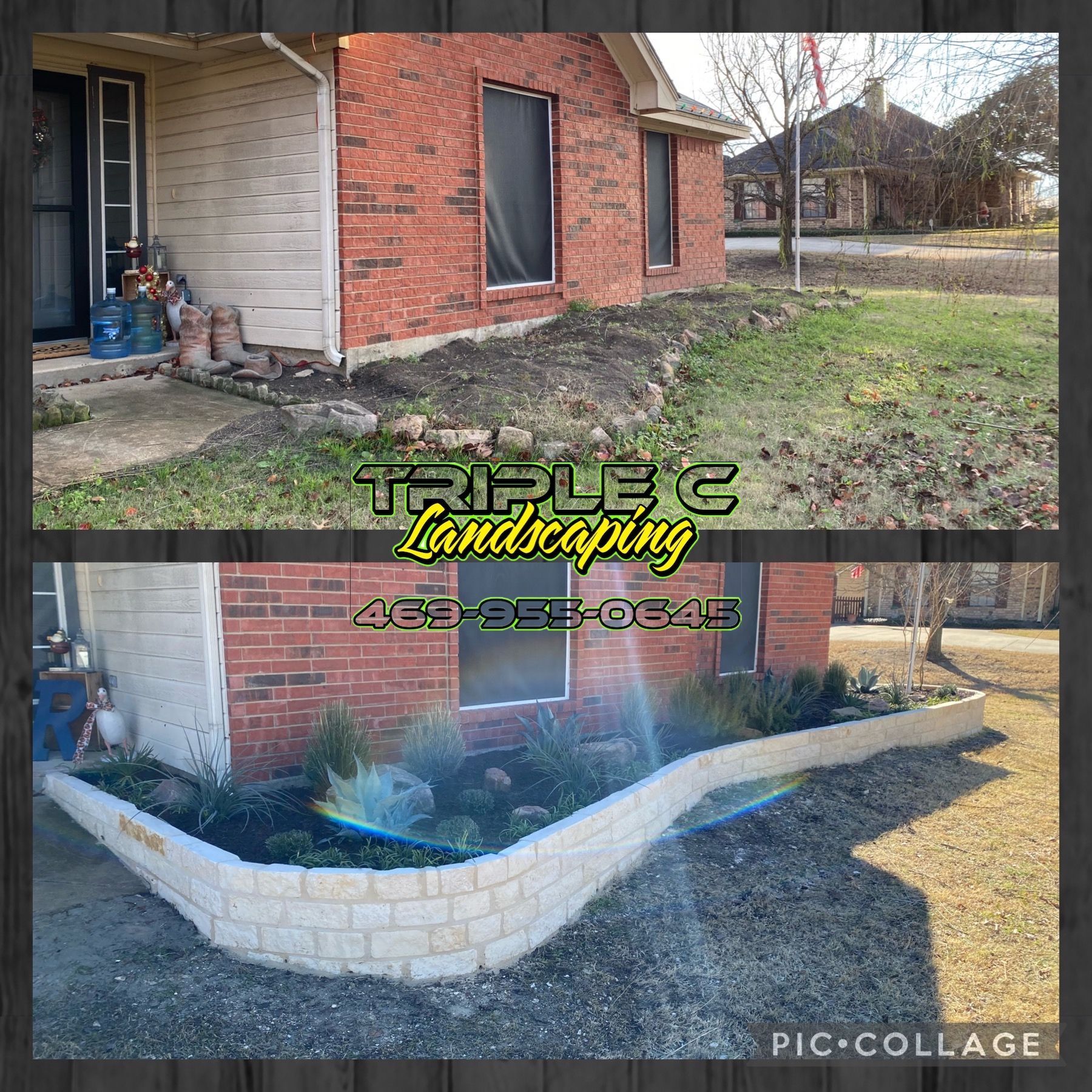 A picture of a house before and after landscaping by triple c landscaping