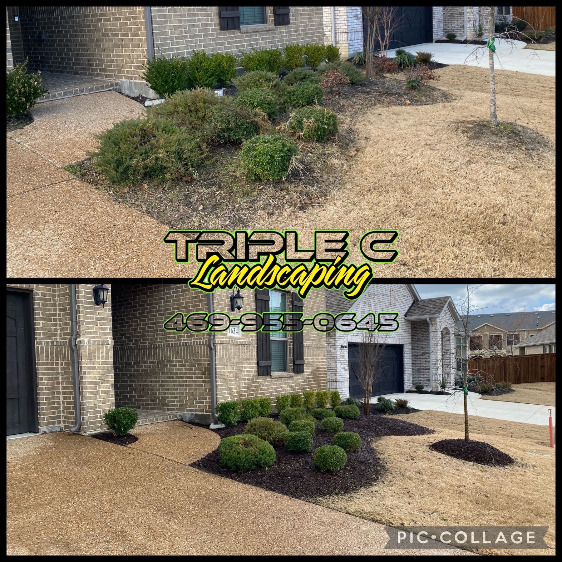 A before and after picture of a landscaping job in front of a house.