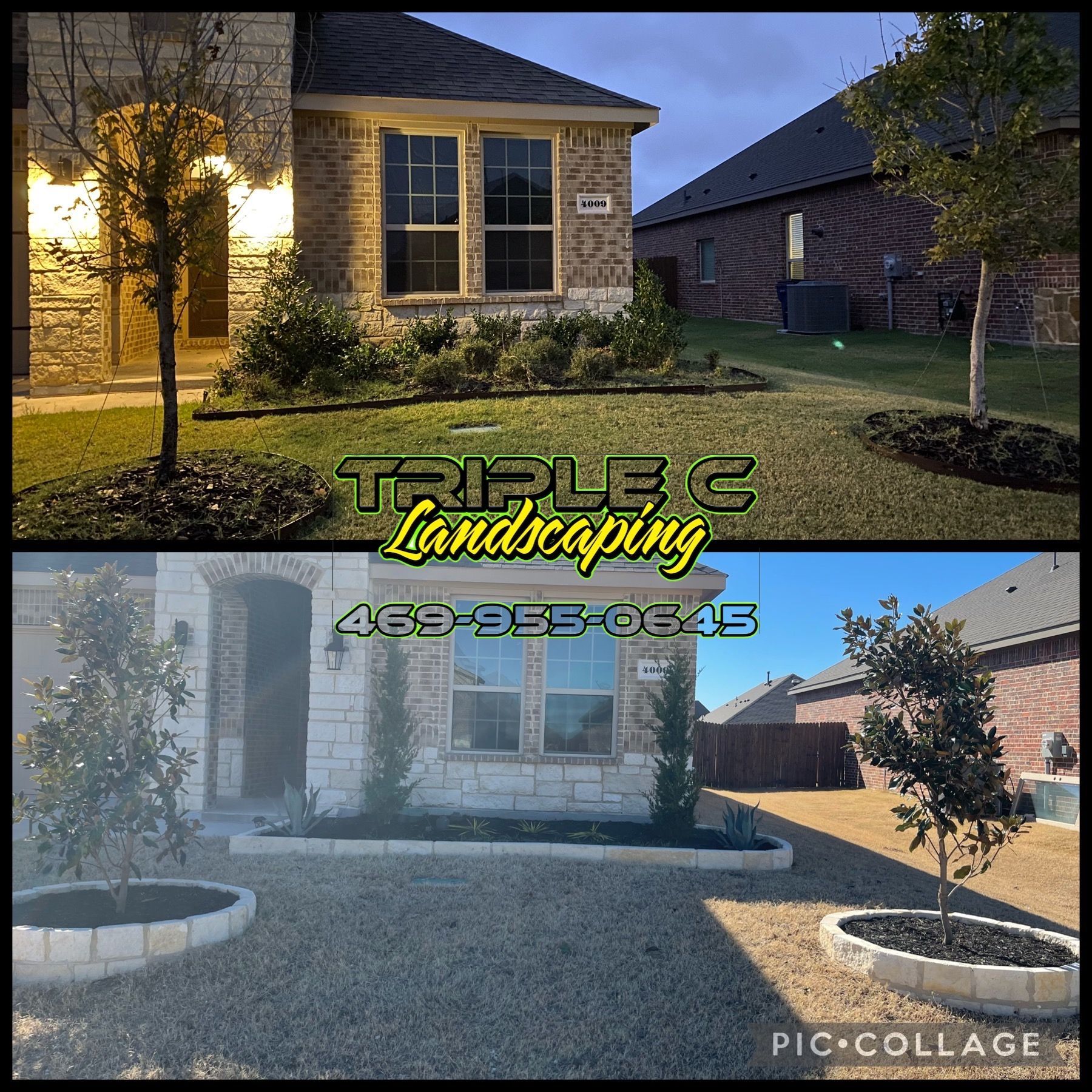 A picture of a house before and after landscaping by triple c landscaping