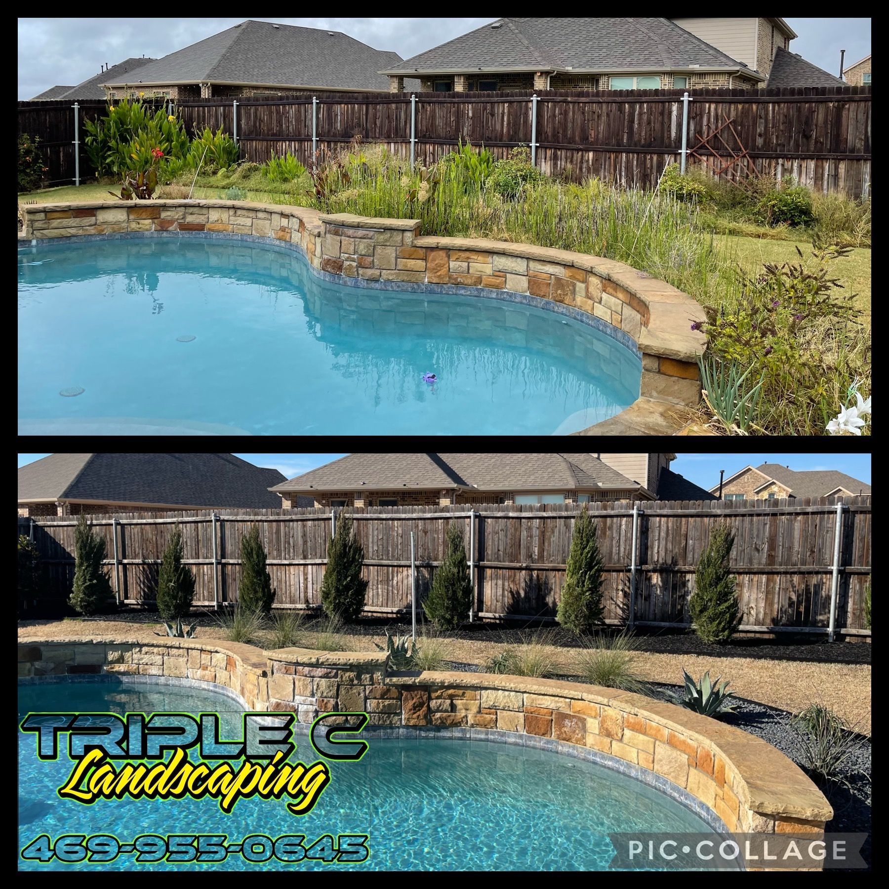 A before and after picture of a swimming pool in a backyard.
