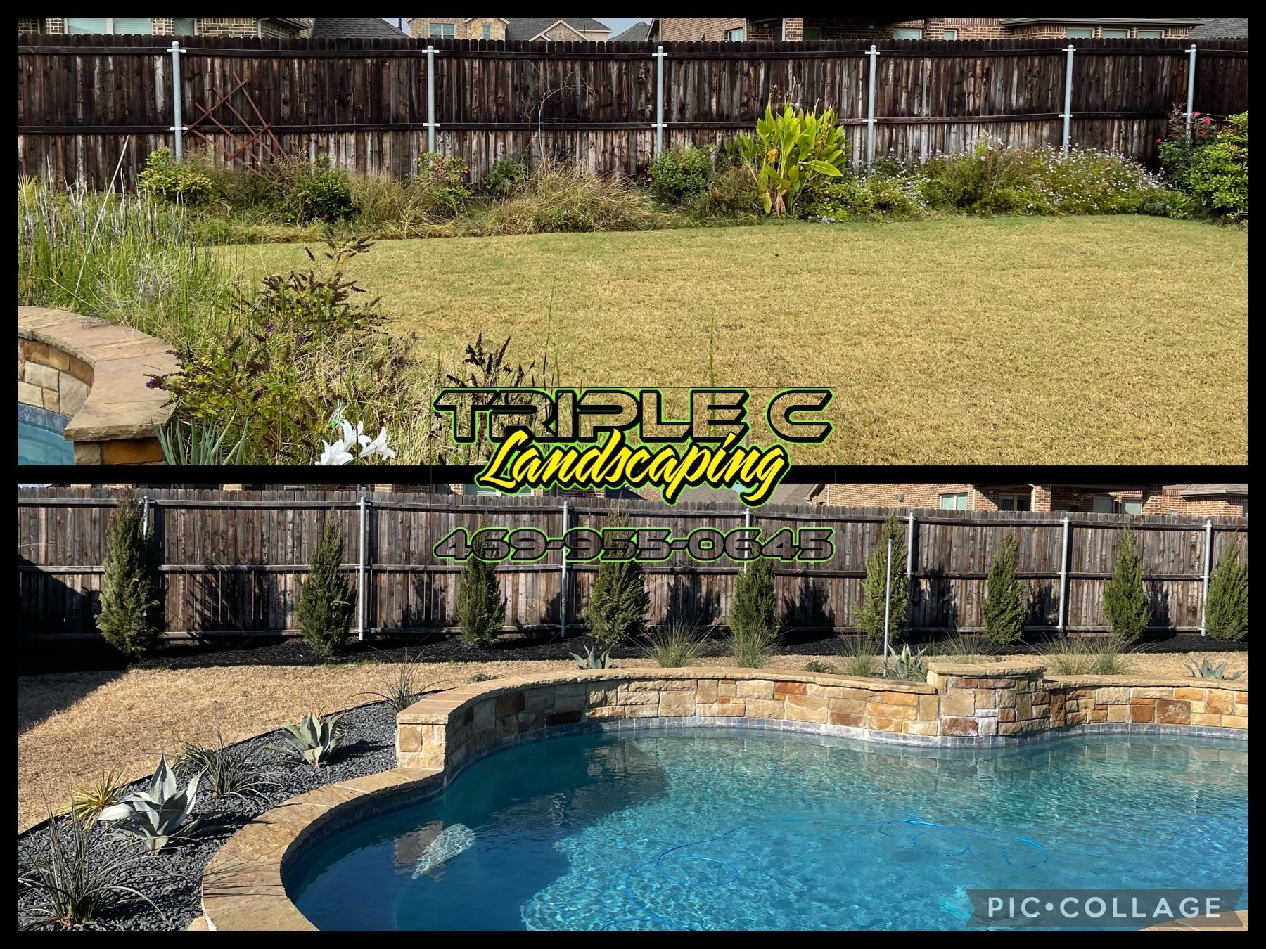 A before and after picture of a lawn and a pool.