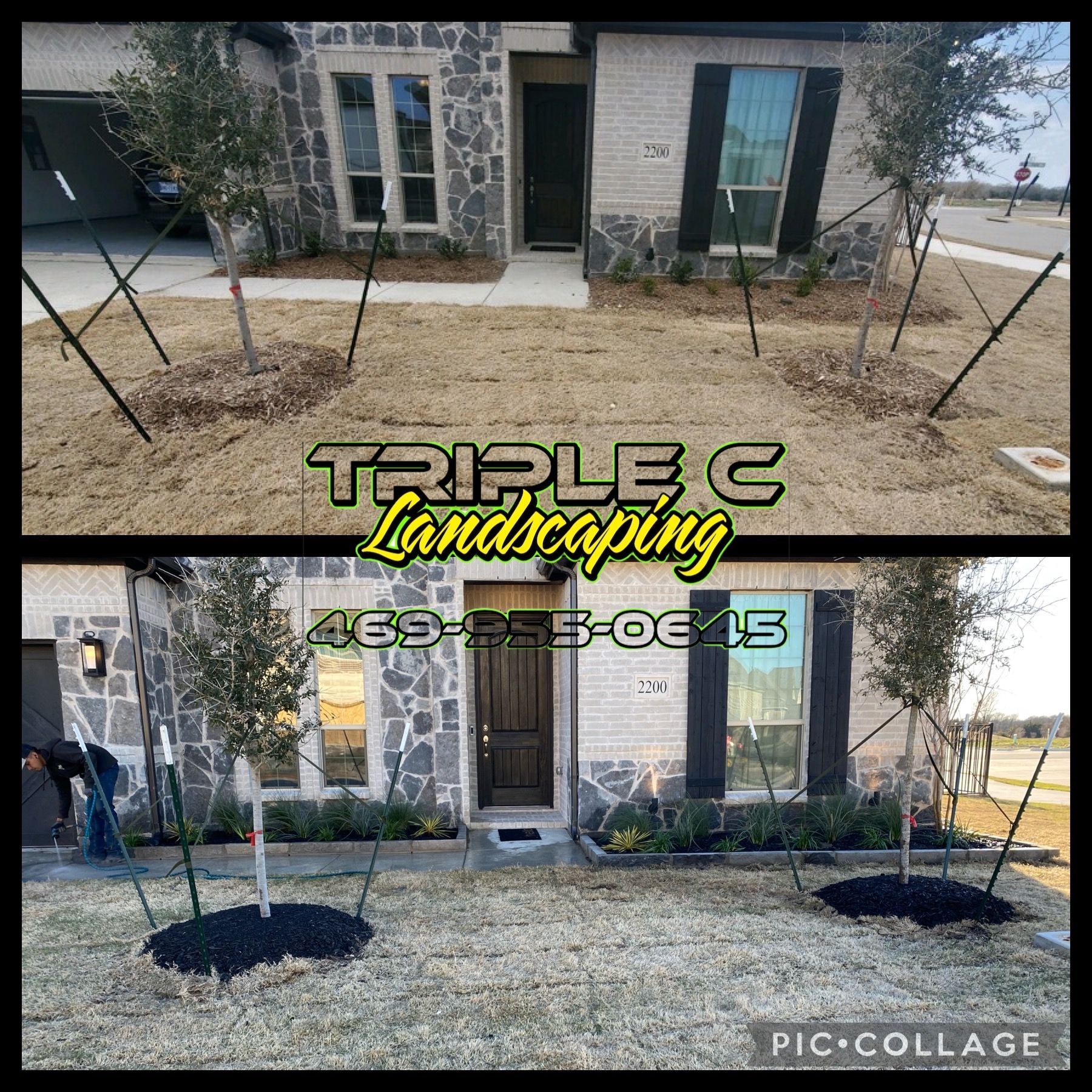 A before and after picture of a house being landscaped by triple c landscaping.
