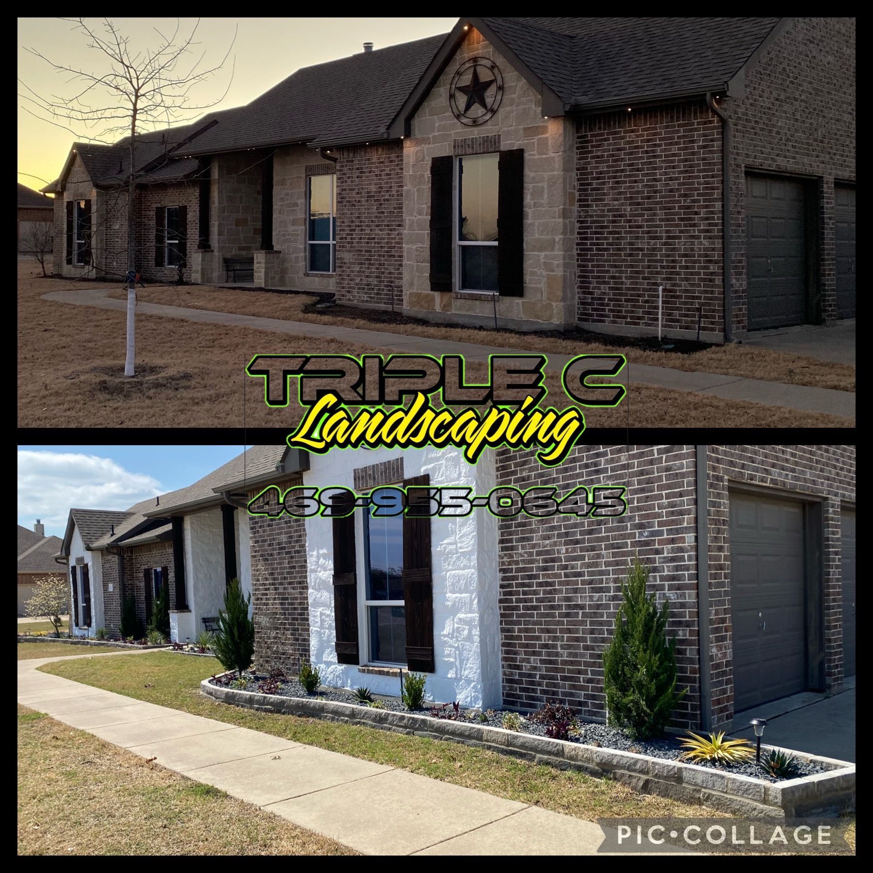 A picture of a house before and after landscaping by triple c landscaping
