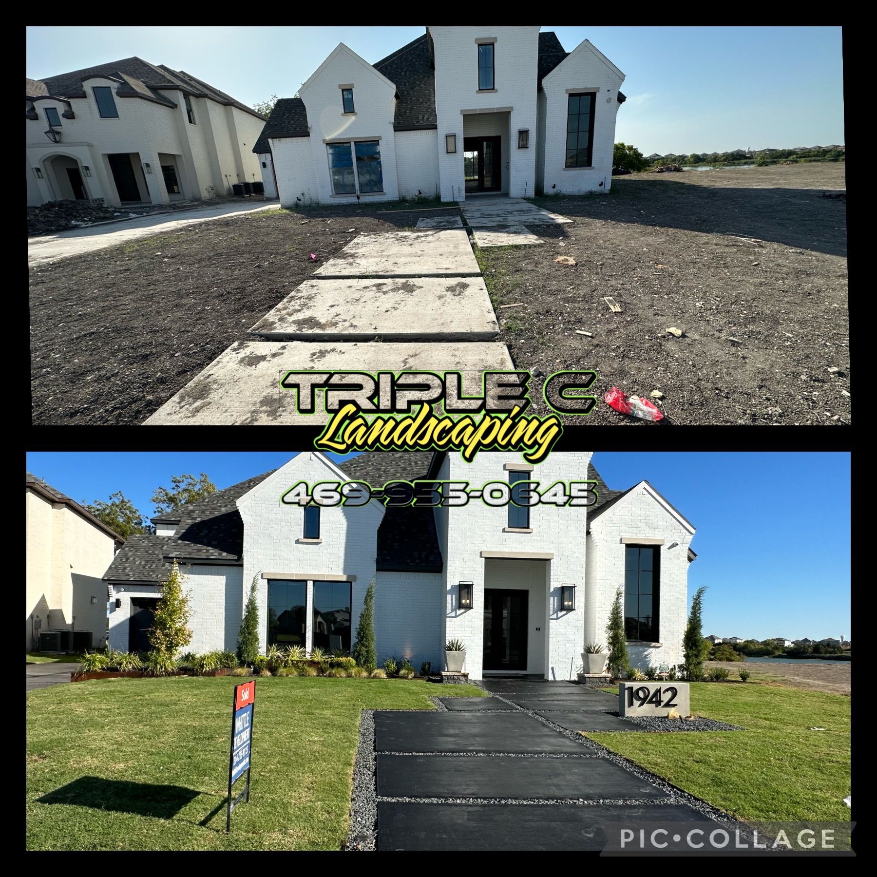 A picture of a house before and after landscaping