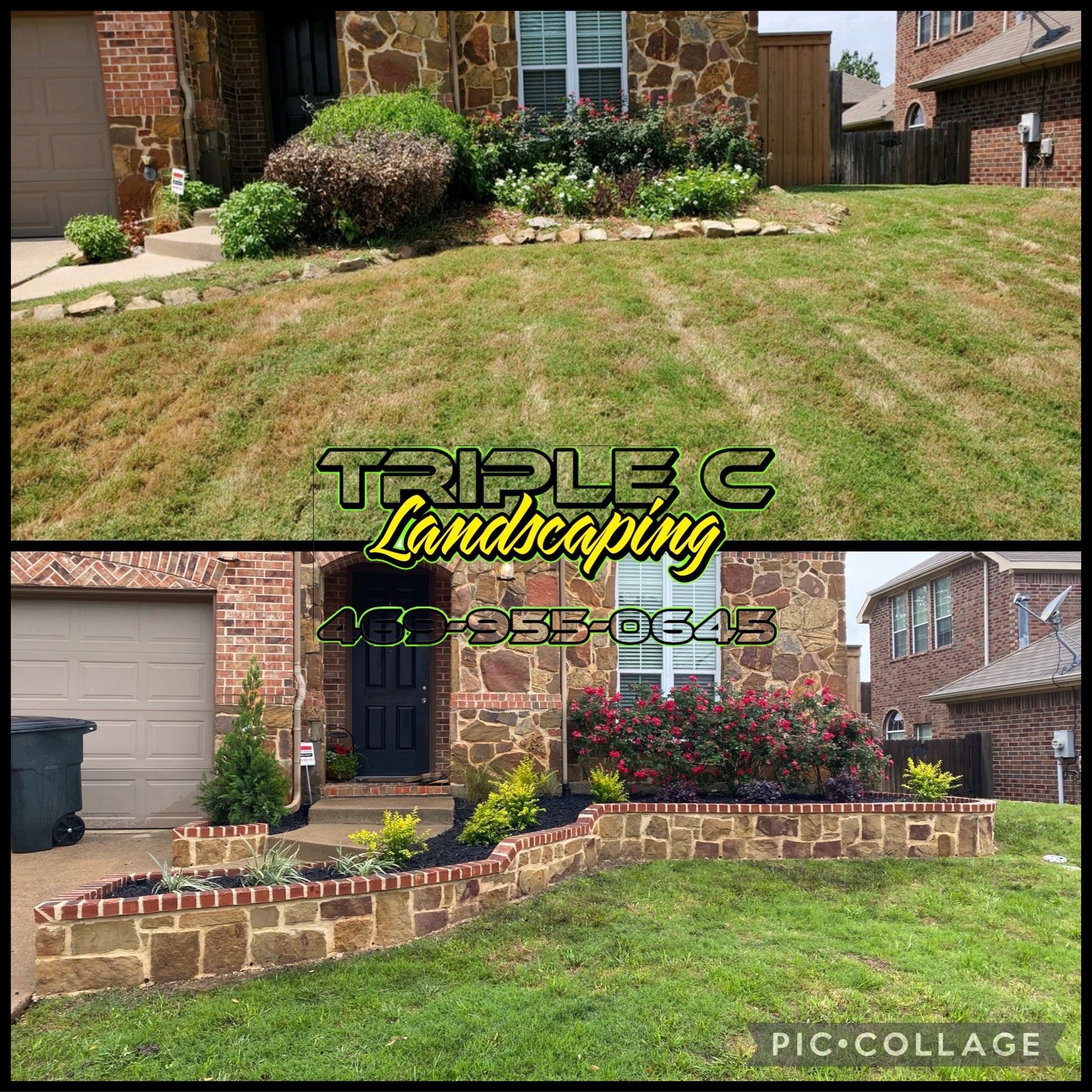 A picture of a lawn before and after being landscaped by triple c landscaping.