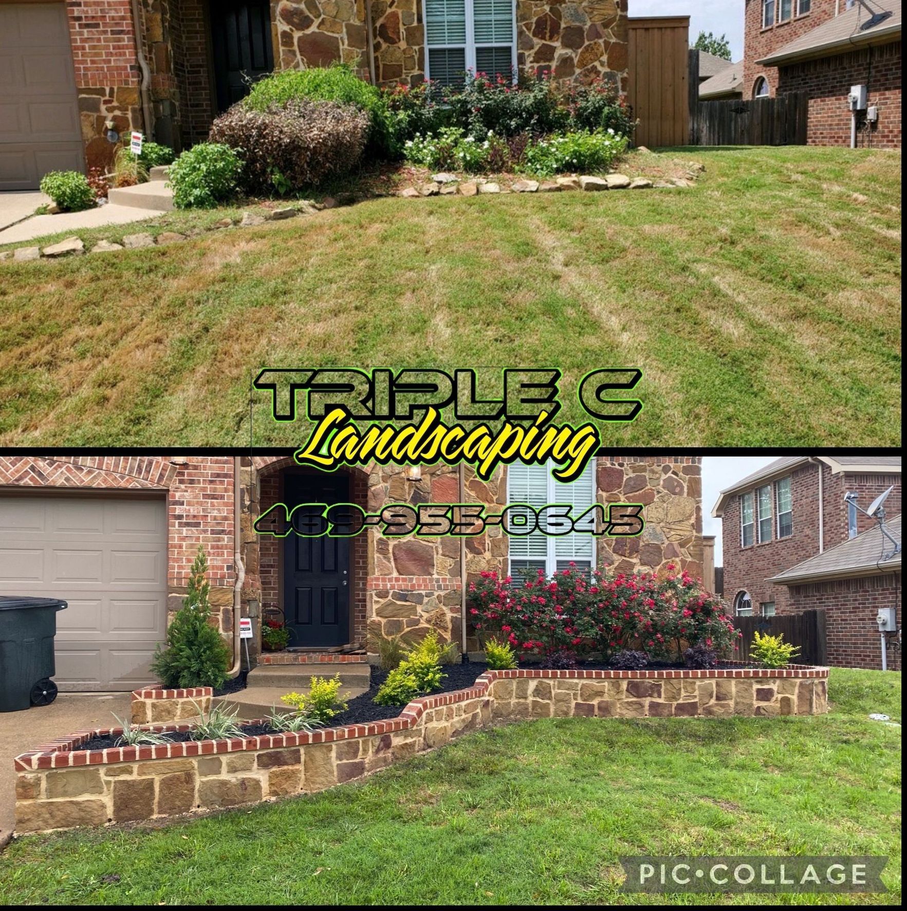 A before and after picture of a lawn being maintained by triple c landscaping