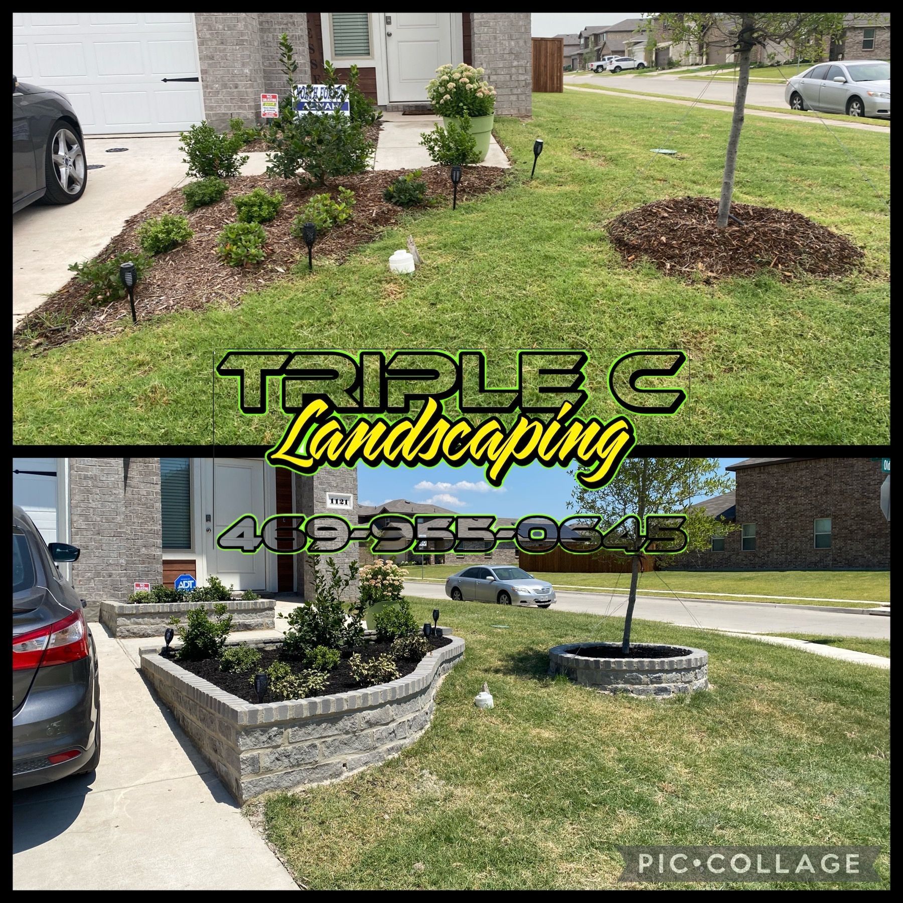 A car is parked in front of a house that has been landscaped by triple c landscaping.