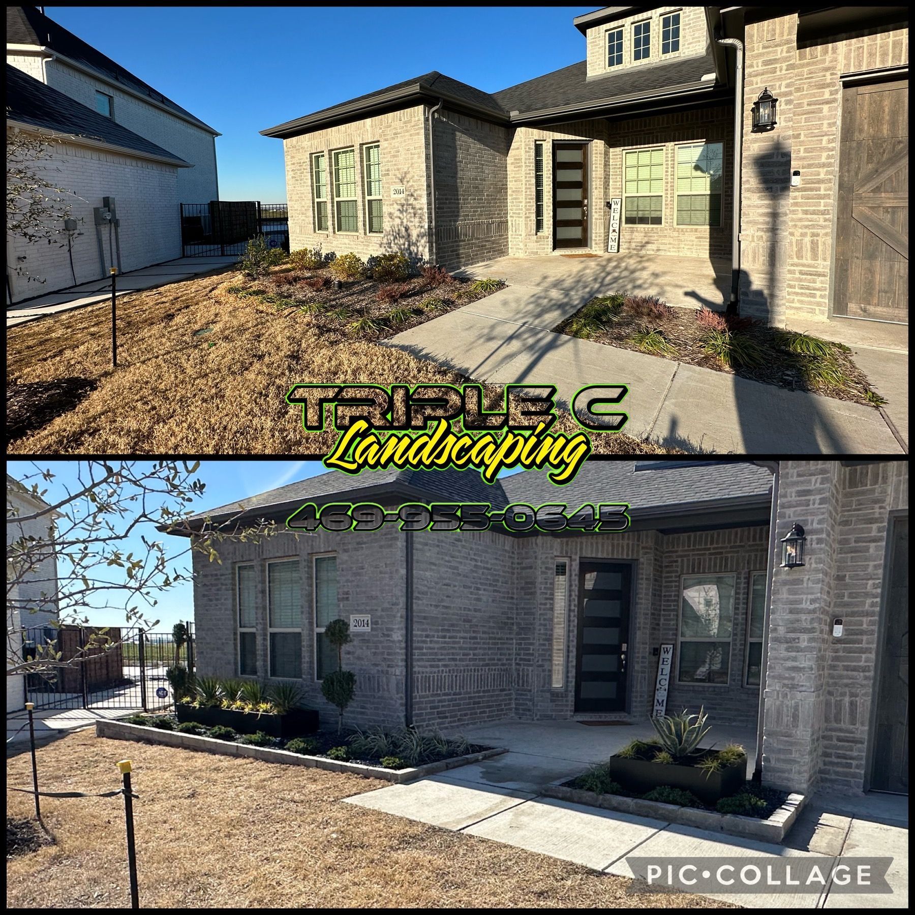 A picture of a house before and after landscaping