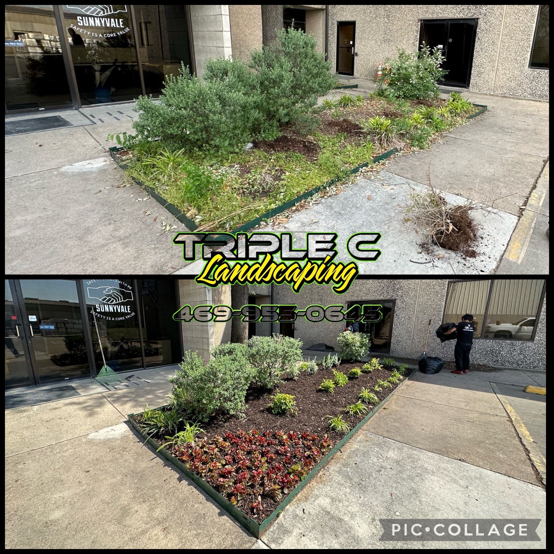 A before and after picture of a landscaping project in front of a building.