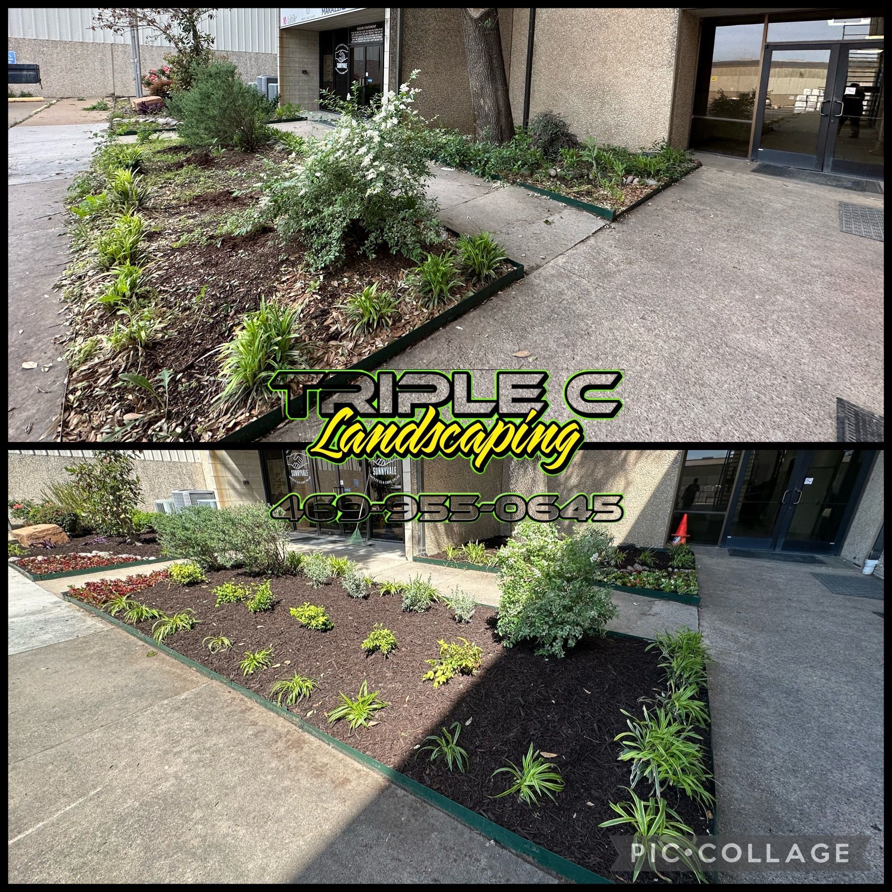 A before and after picture of a landscaping project in front of a building.