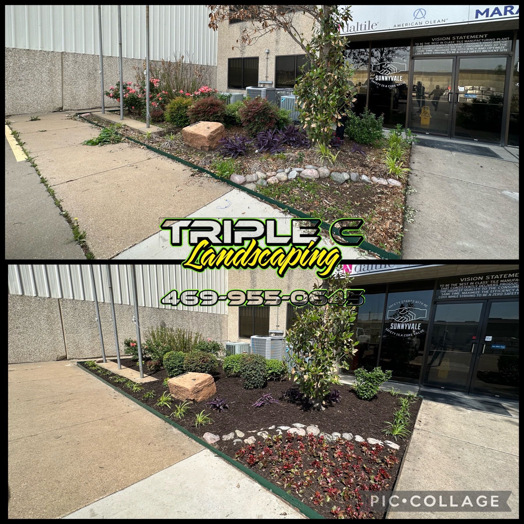 A before and after picture of a landscaping project in front of a building.