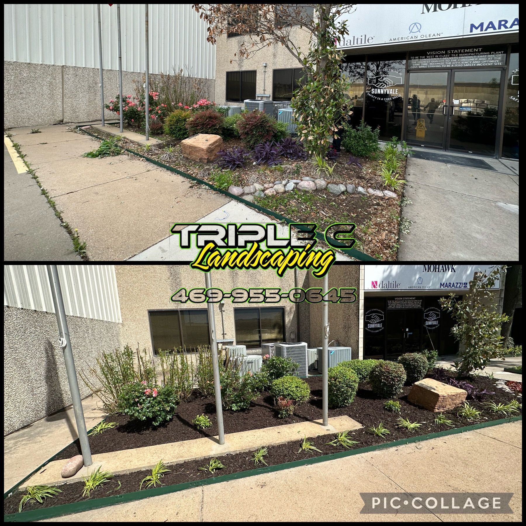 A before and after picture of a landscaping project in front of a building.