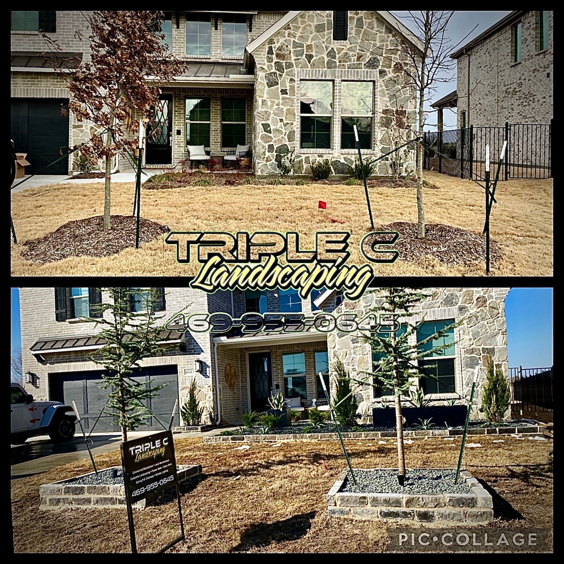 A before and after picture of a house with trees in front of it.