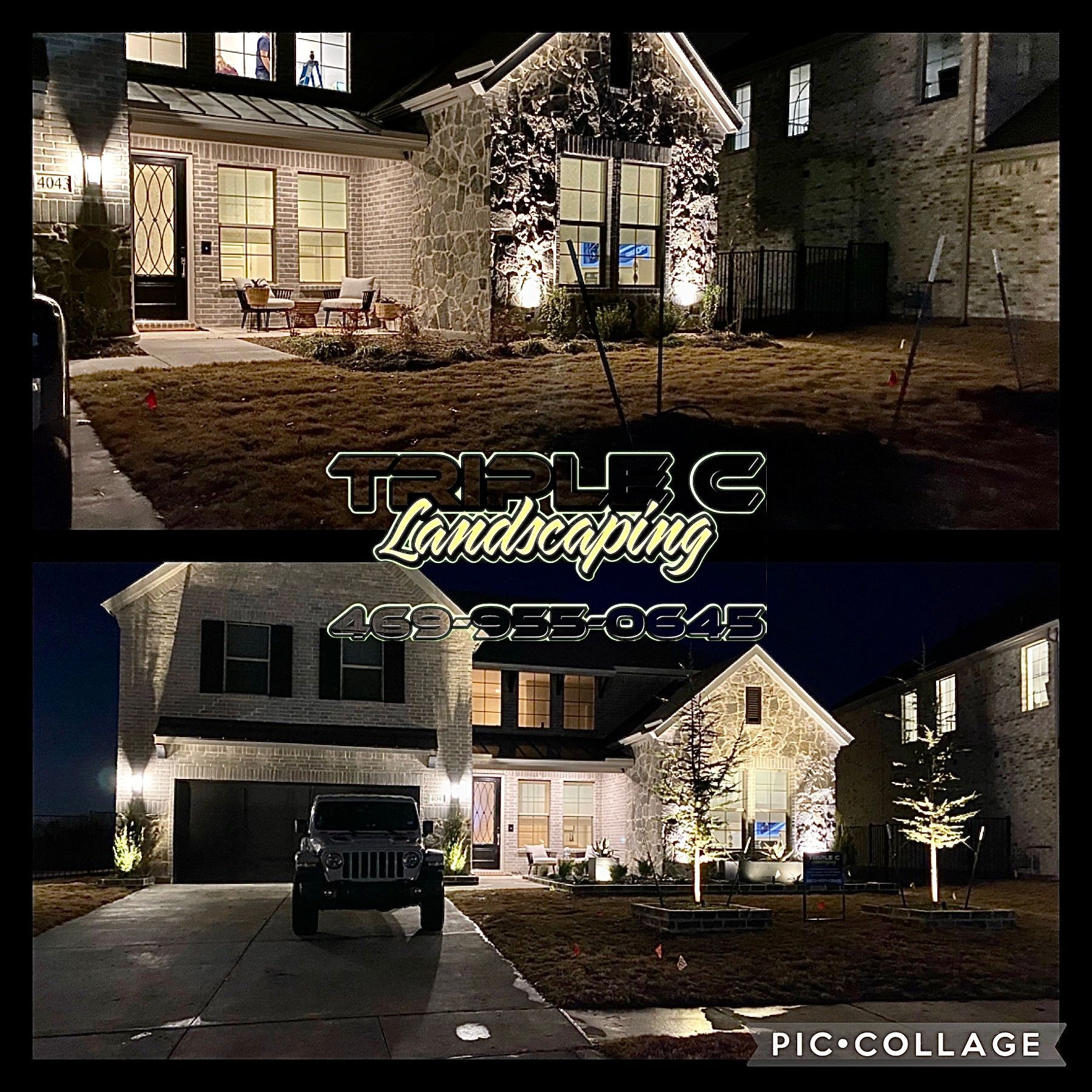 A jeep is parked in front of a house that is lit up at night.
