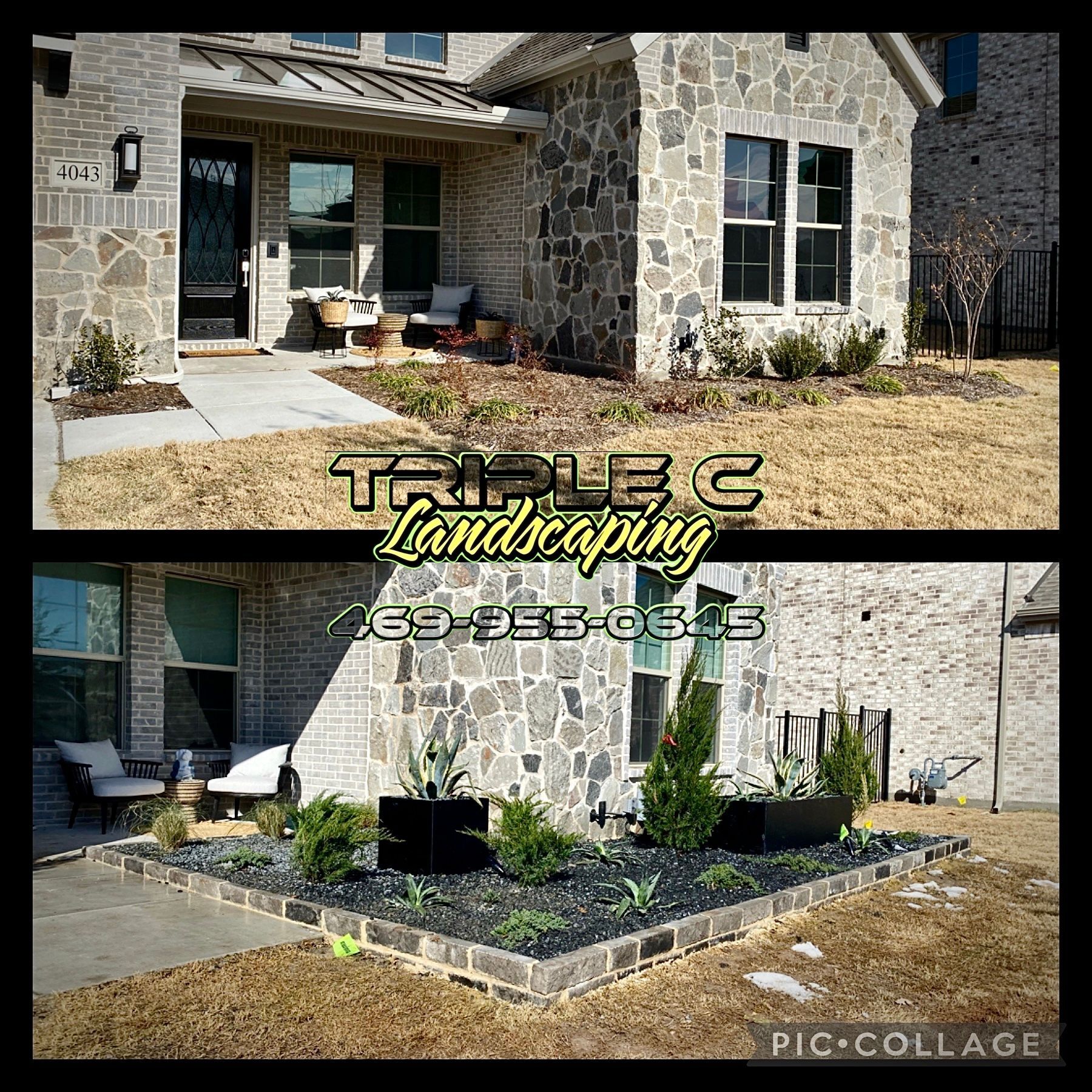 A before and after picture of a landscaping project in front of a house.