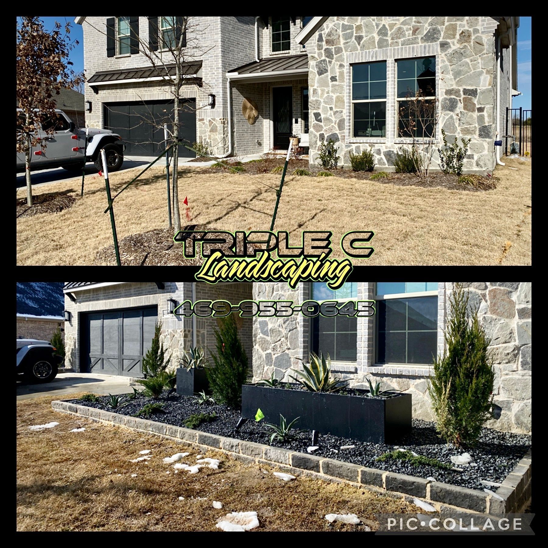 A picture of a house before and after landscaping.