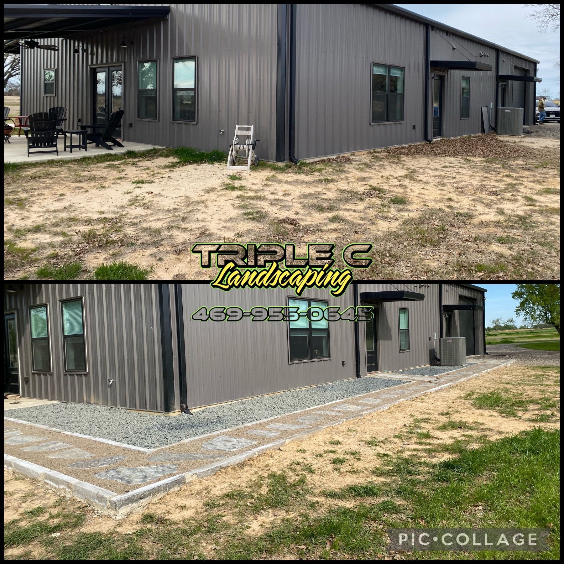 A picture of a house before and after landscaping.