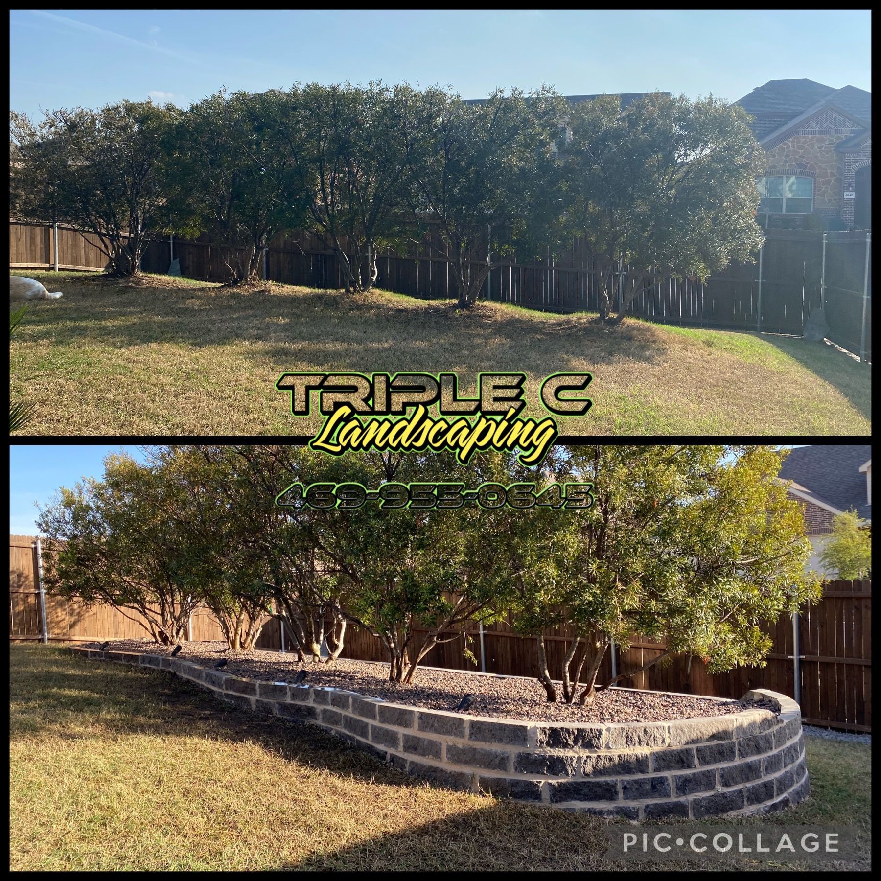 A before and after photo of a backyard with trees and a brick wall.