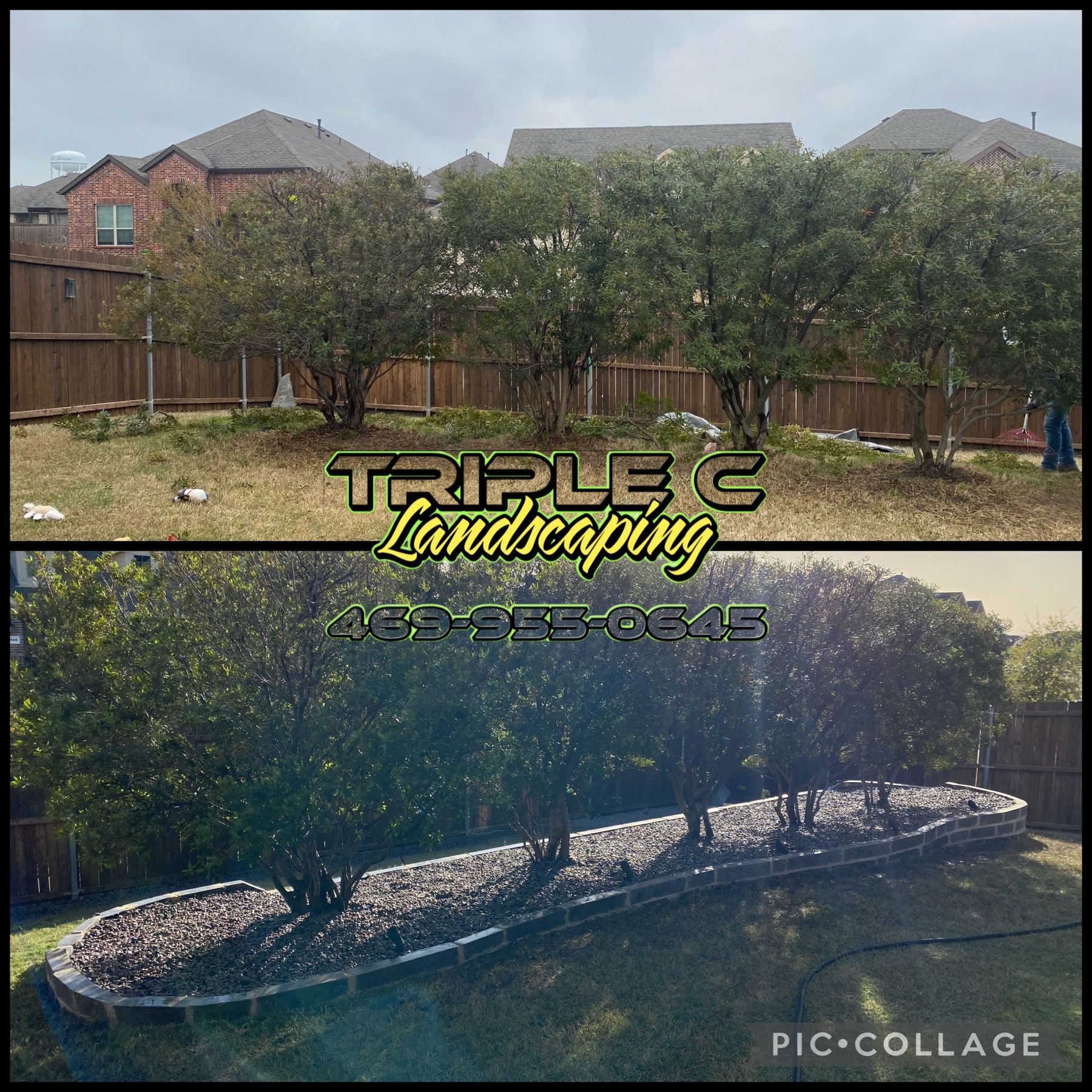 A before and after picture of a landscaping company