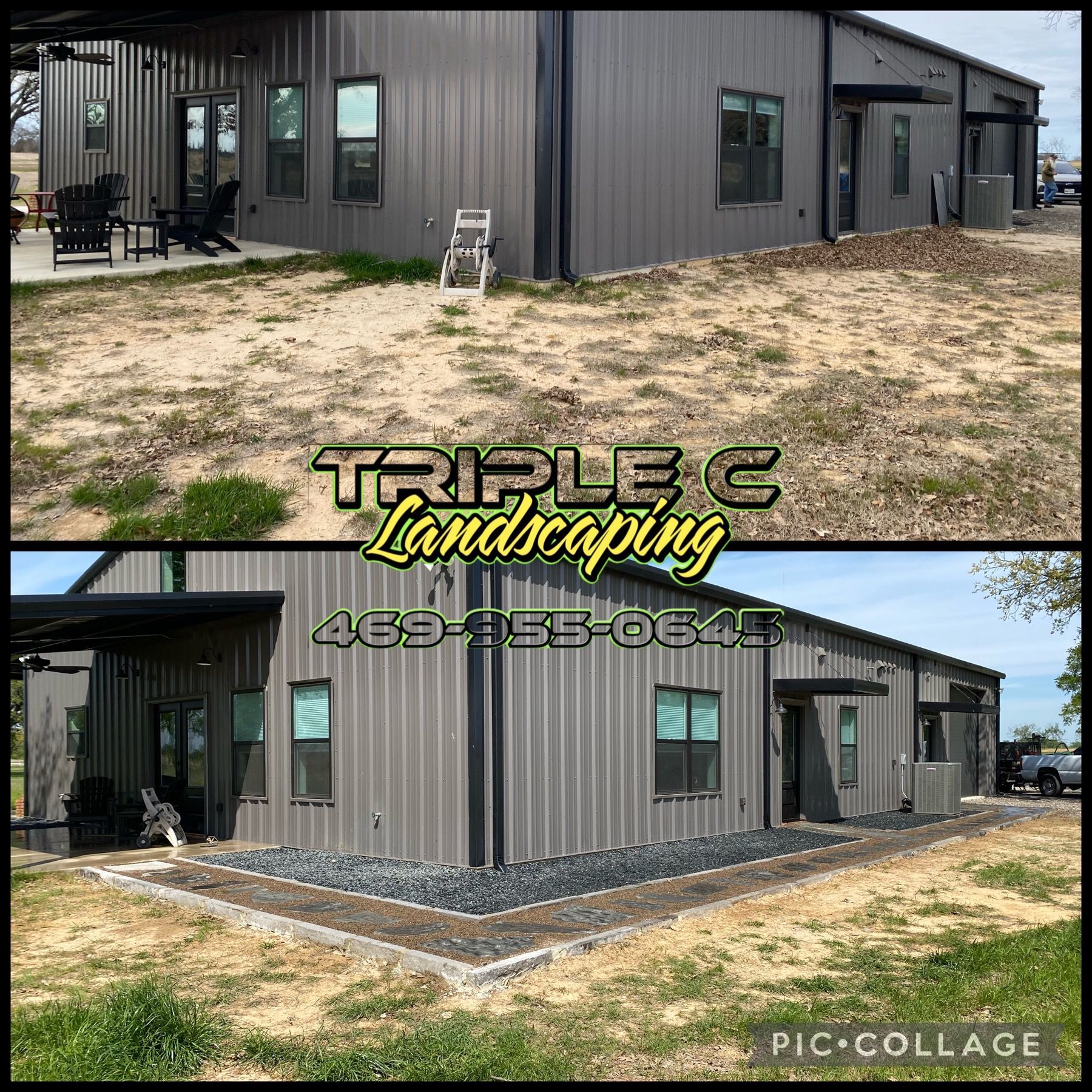 A picture of a house before and after landscaping.