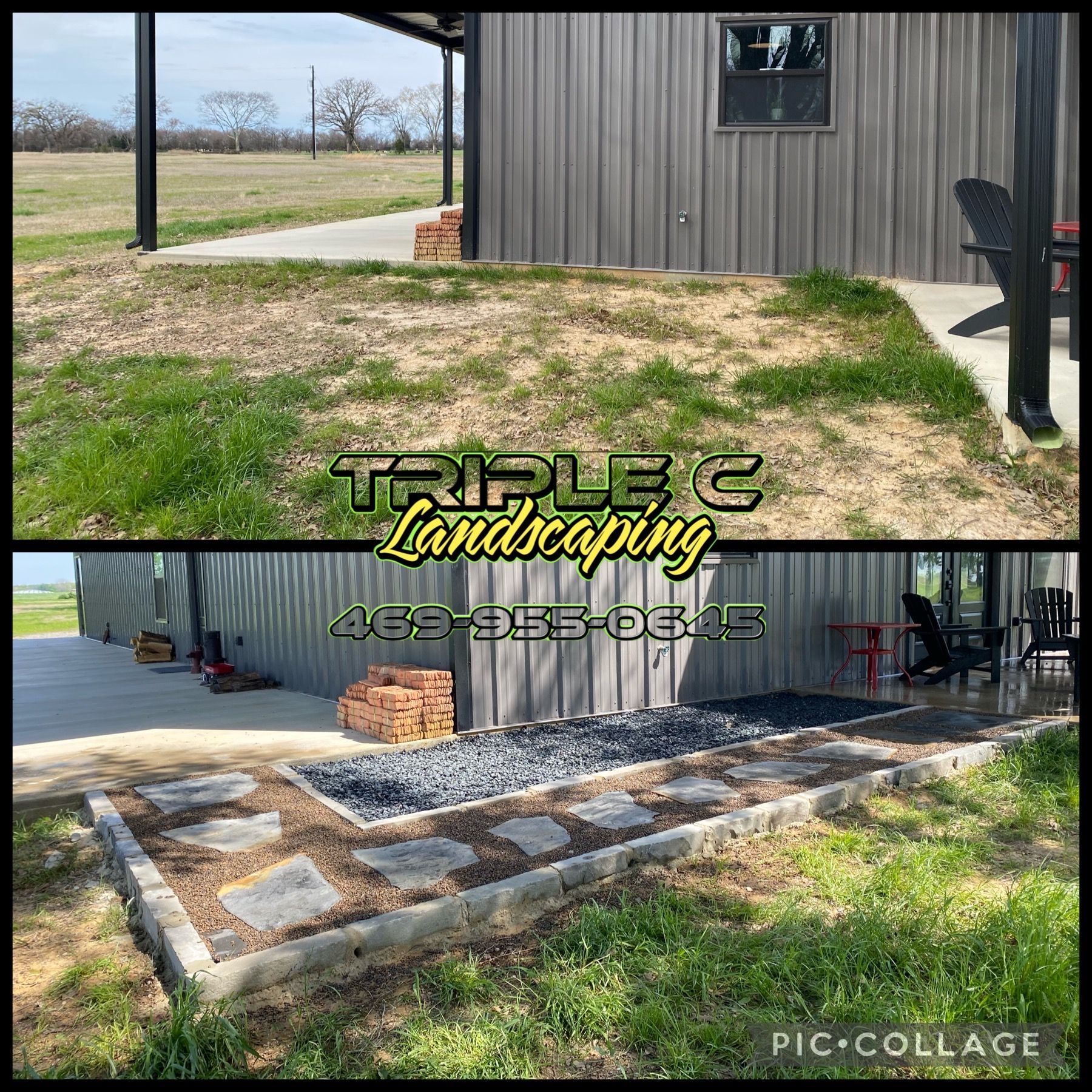 A before and after picture of a landscaping project.