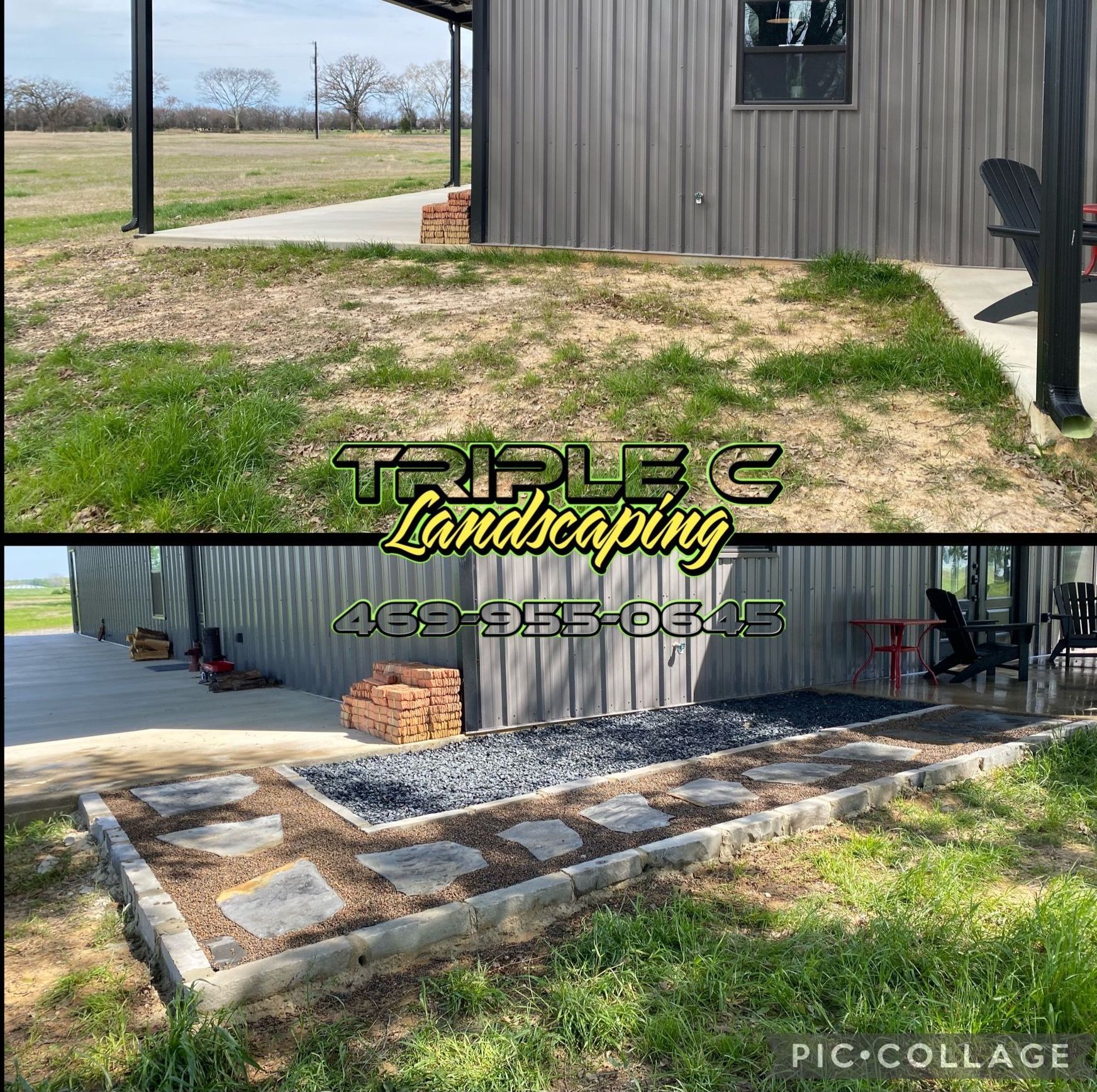 A before and after picture of a landscaping company.