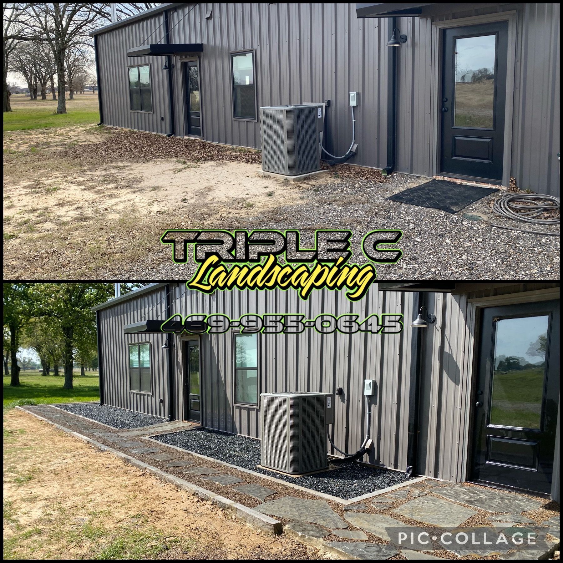 A before and after picture of a house with a walkway.