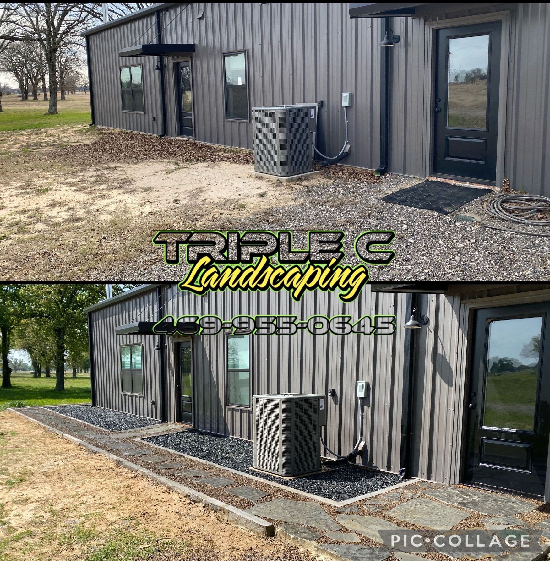 A picture of a house before and after landscaping.