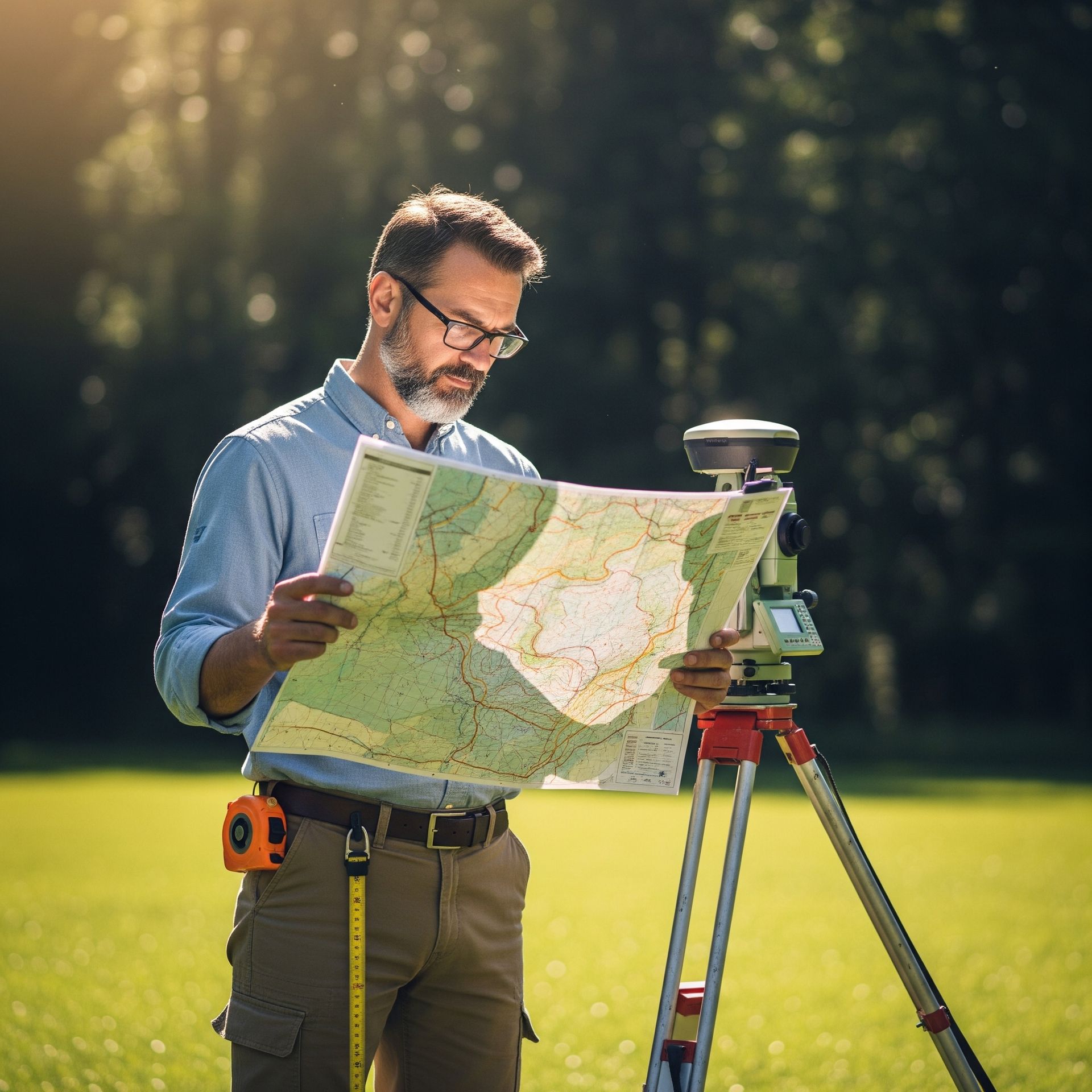 Licensed land surveyor assessing property boundaries before land purchase