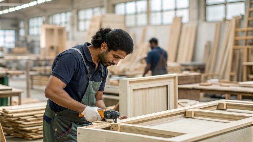 Carpenter using a power tool to assemble a wooden frame in a woodworking shop.