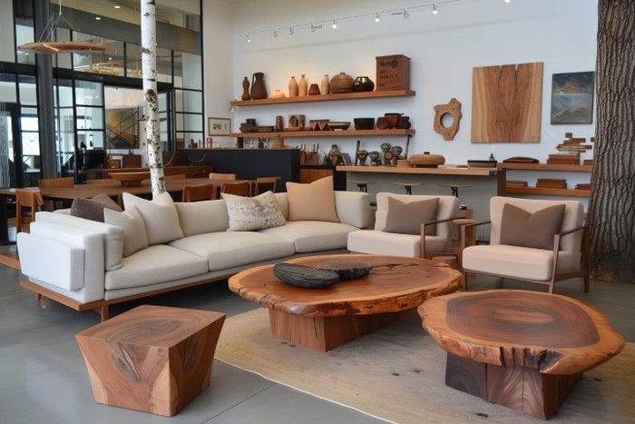 Living room with wood furniture, including a couch, chairs, and coffee tables, displayed in a modern showroom.