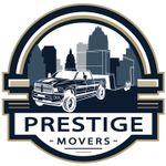 The logo for prestige movers shows a truck with a trailer attached to it.
