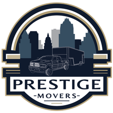 A logo for prestige movers with a truck in front of a city skyline