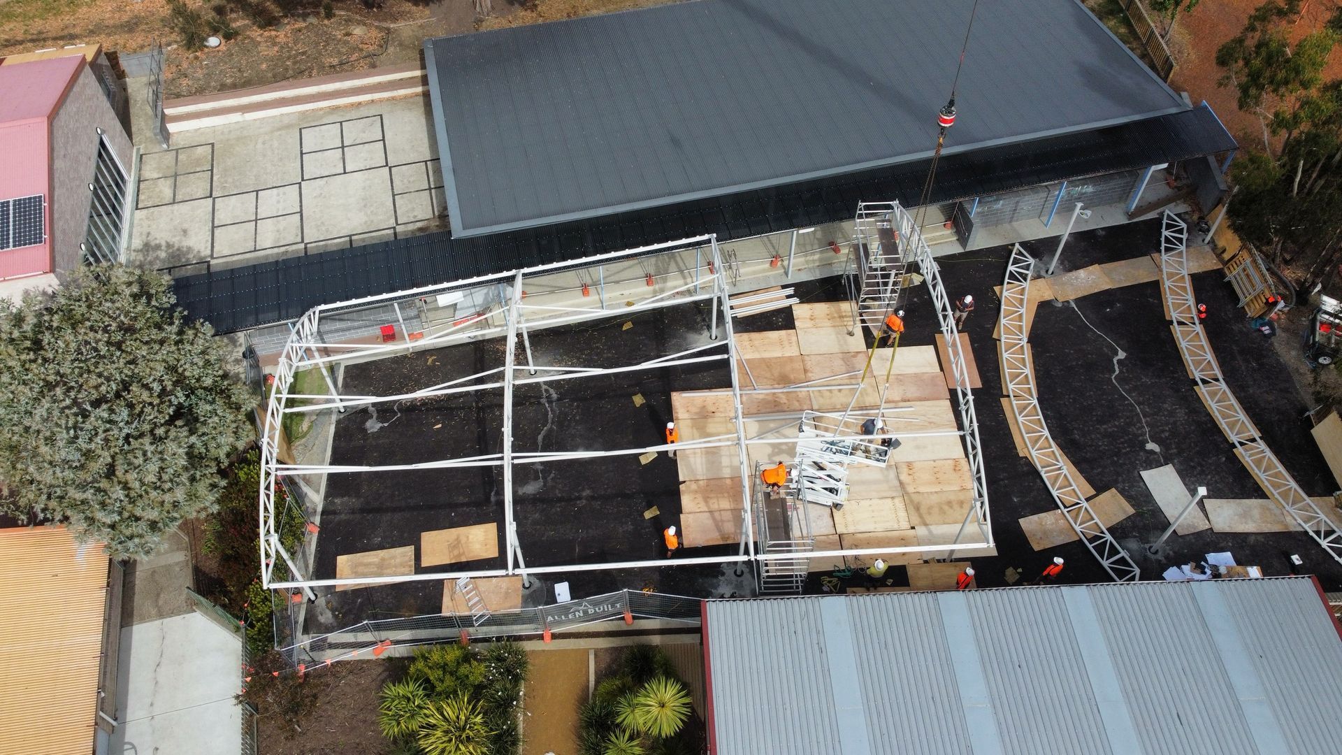 An aerial view of a building under construction