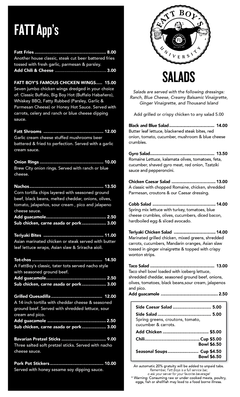 A black and white menu for a restaurant called Fatt Boys