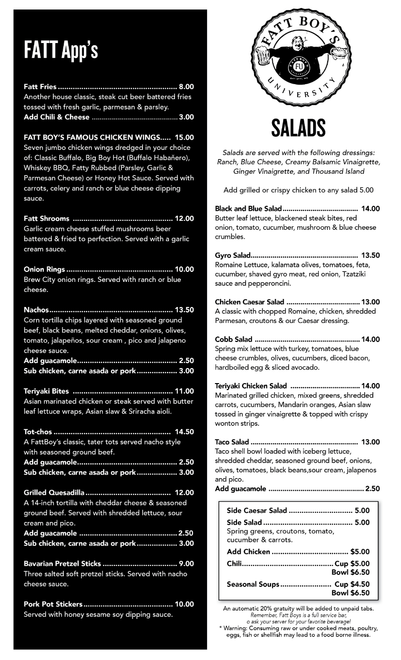 A black and white menu for a restaurant called Fatt Boys