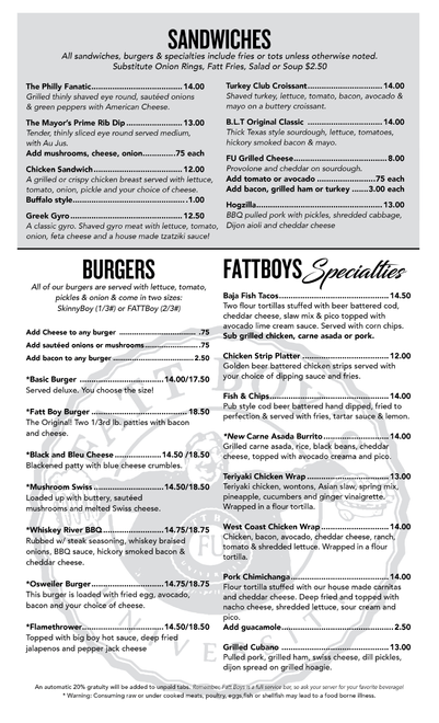 A menu for a restaurant shows sandwiches , burgers , and specialties