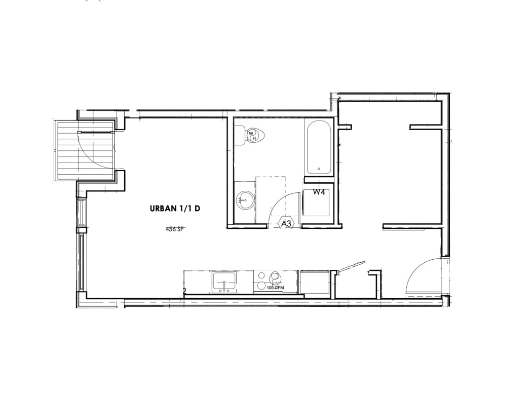 Floor plan of an urban 1-bedroom apartment, featuring a living area, bedroom, bathroom, and a small staircase.