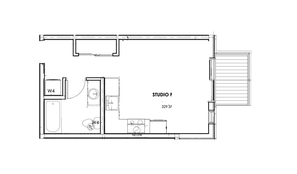 Floor plan of a studio apartment with a bathroom, kitchenette, and balcony. Room 315, layout schematic.