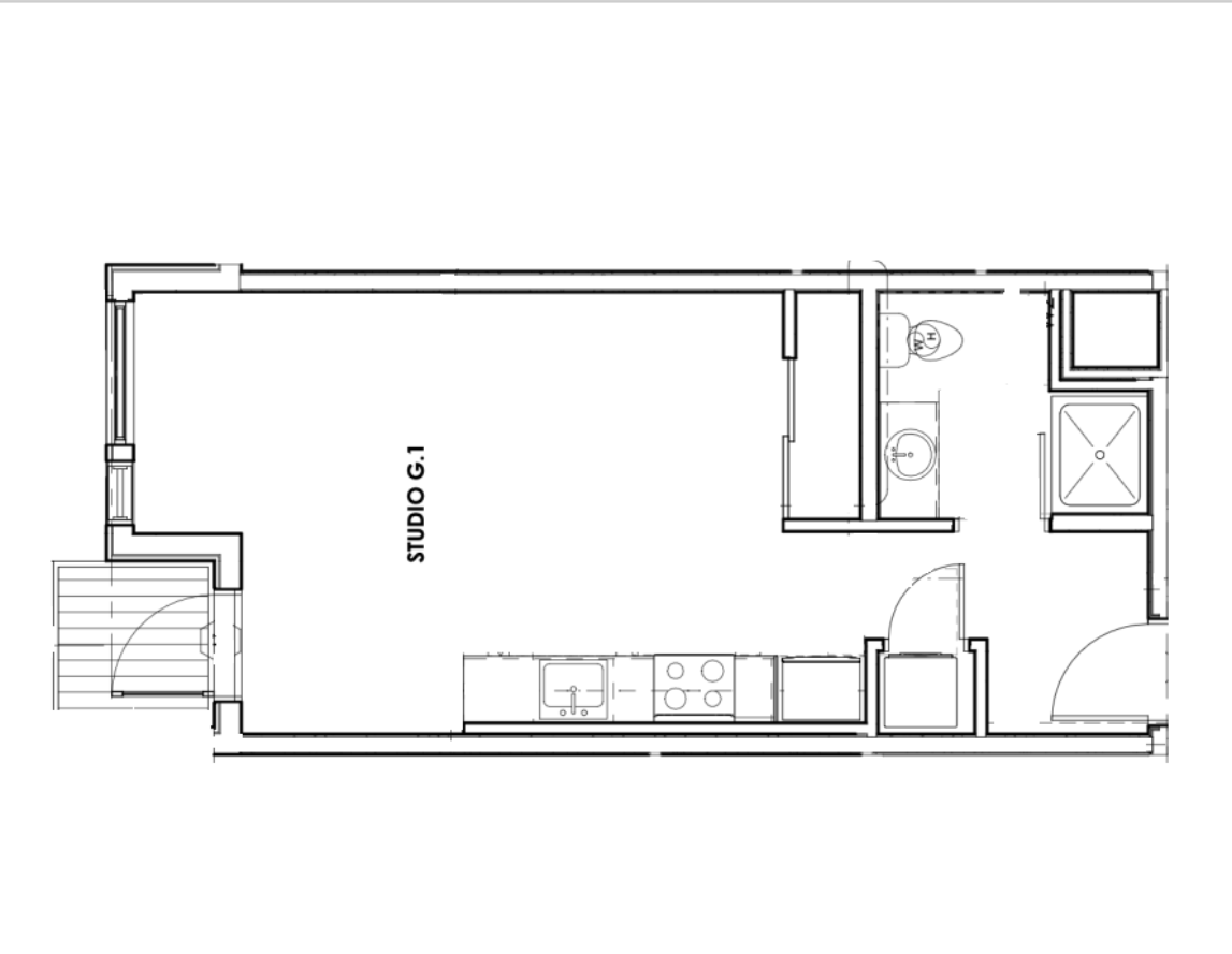 Floor plan: Studio apartment layout with kitchen, bathroom, and entry area.