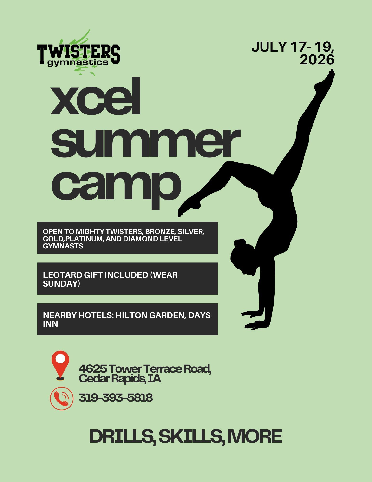 Xcel Summer Camp poster with gymnast silhouette, July 17–19, 2026, drills, skills, and more.