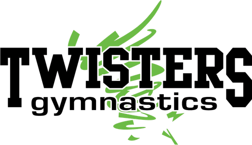 Twisters Gymnastics logo in black with green stylized gymnast and swirl accents