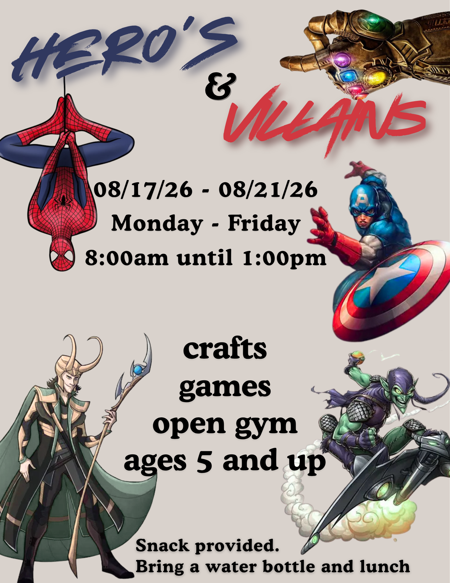 Movie Madness camp flyer with dates, hours, open gym, games, movies, crafts, and snacks on a maroon background