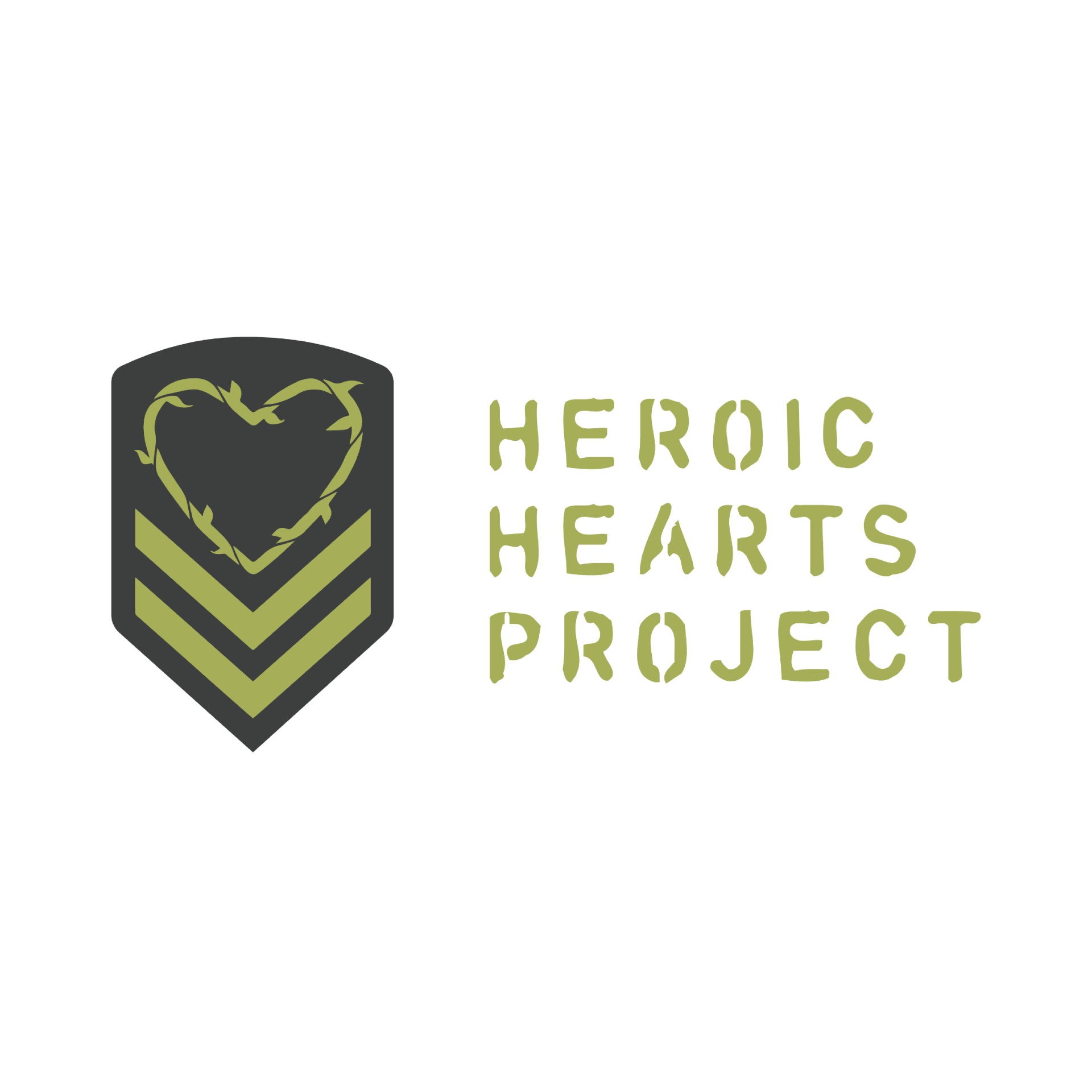 The logo for the heroic hearts project is a shield with a heart on it.